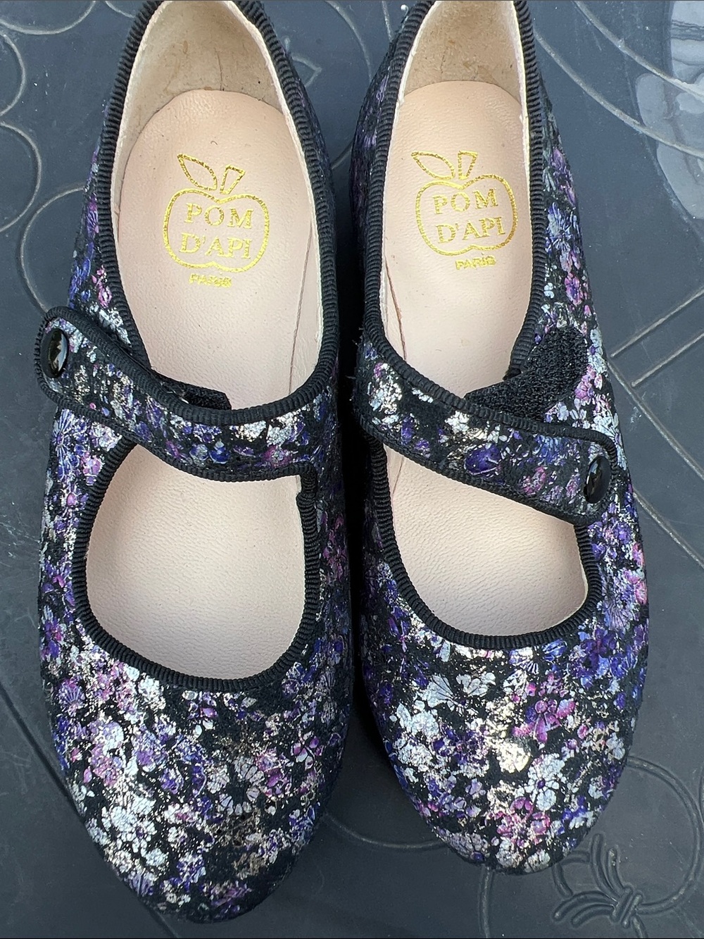 Pom D'Api Black Floral Mary Jane Flats with Purple & Silver Accents